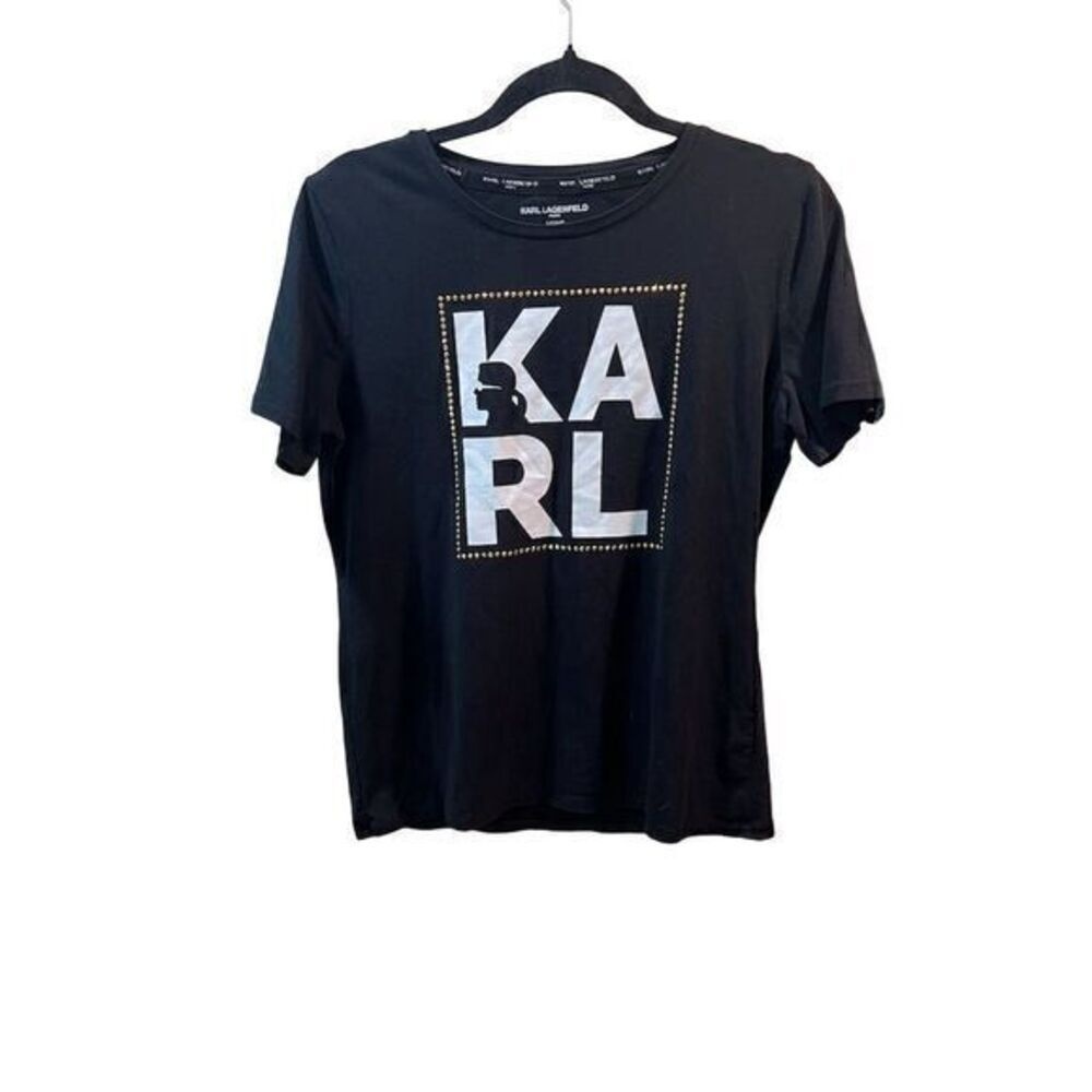 Karl Lagerfeld Paris Women's Black Studded Logo Graphic Tee Size S